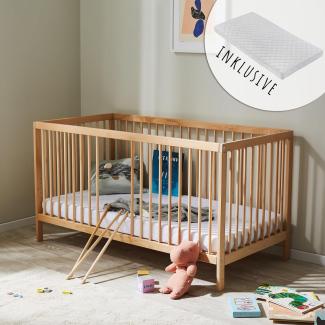 Kids Collective Babybett Kinderbett Gitterbett 60x120 höhenverstellbar & herausnehmbare Sprossen, mit Matratze | Buchenholz Natur sehr stabil Made in Europe