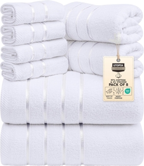 Utopia Towels - 8er-Pack Handtuch-Set mit Aufhängeschlaufe aus 97% Baumwolle, saugfähig und schnell trocknend 2 Badetücher, 2 Handtücher, 4 Waschlappen (Weiß)