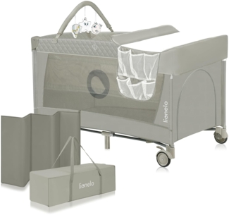 Lionelo Flower 4in1 Reisebett Baby mit Seiteneingang, Wickeltisch, Zwei Matratzenaufhängungshöhen, Spielzeugbogen mit Spielfiguren, Rollen, Tragetasche