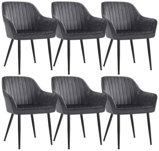 Songmics Esszimmerstuhl mit Armlehnen, 6er Set, Samt, 62,5 x 60 x 85 cm, Grau / Schwarz