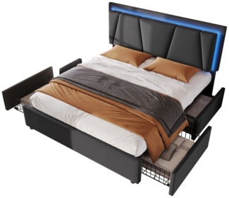 OKWISH Polsterbett Höhenverstellbarem Kopfteil (140x200cm Ohne Matratze mit LED-Beleuchtung und 4 Schubladen)