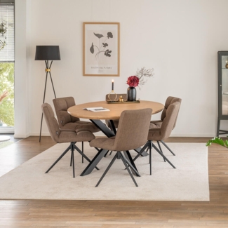 HOME DELUXE Essgruppe Oval inkl. Sternfuß - 200 x 120 cm Fishbone Oak 6 Stühle Grau / Braun