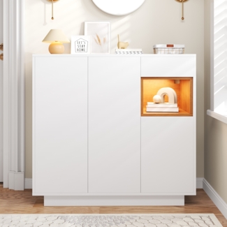 Schuhschrank 105x39,5x100,5cm mit LED, verstellbare Regale, offene Holzfächer, Schublade, Kippschutz,Weiß