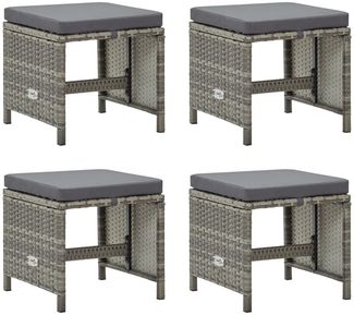 Gartenhocker 4er Set, Fußhocker mit Sitzkissen Poly Rattan Grau