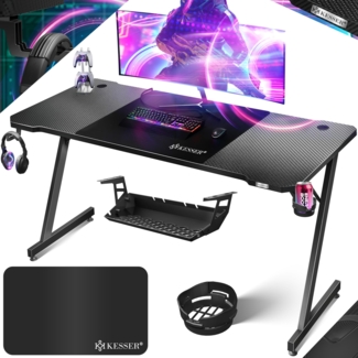 KESSER® Gaming Tisch 180x80 cm | Z-Form Gamer Schreibtisch | Kopfhörerhaken & Kohlebeschichtung | Ergonomischer PC Computertisch | Stabiler Tisch mit Getränkehalter Schwarz