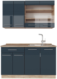 Vicco Singleküche Dunkelblau Hochglanz/Goldkraft Eiche 140 cm , AP Eiche, Fame-Line