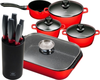 KING Topf-Set, Aluminiumguss (Set, 11-tlg, 4 Töpfe, 3 Deckel, Bräter, 1 Messerblock, 5 Kochmesser), Induktion