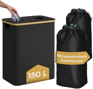 Bellamio 'Tolt' Pfandflaschen Sammelbehälter aus Stoff mit Bambus 150 L, zwei Fächer, herausnehmbare Innentasche mit Griffen, mit Deckel, waschbar & tropfsicher, schwarz