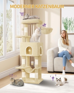 Kratzbaum, 149cm Katzenbaum, Katzenkratzbaum mit 5 Kratzsäulen, großen Plattformen, Versteckhöhle, mehrstöckiges Katzenaktivitätszentrum, Pompons, Beige
