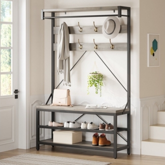 GarveeMore Garderobenständer 4-in-1 mit Sitzbank,3 Etagen Ablage und 8 Haken,183cm, mit Schuhbank,verstellbare Füße,Kleiderstange,101 x 40 x 183 cm