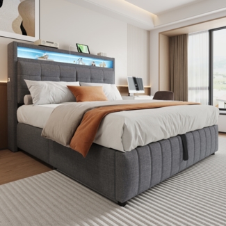 Polsterbett 160x200 cm mit LED-Licht, USB-Anschluss, Chevron-Kopfteil, Hydraulik-Stauraum, Leinenstoff