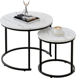 Runder Couchtisch Set Holz Metallgestell Weiß Marmorplatte