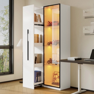 Merax Glasvitrine mit LED-Beleuchtung (70x40x160cm, 1-St, Bücherregal LED-Glasvitrine mit Aluminium-Türrahmen) Multifunktionsschrank Vitrine mit Glastür & seitliche Rollschublade