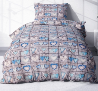 Heubergshop Bettwäsche, Seersucker, 2 teilig, 155x220cm + 80x80cm Landhaus Love Herz Blau 100% Baumwolle (EW-358-2)