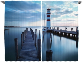 Abakuhaus Gardine Schlafzimmer Kräuselband Vorhang mit Schlaufen und Haken, maritim Leuchtturm Meer bei Sonnenaufgang
