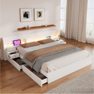 STILVORA Polsterbett 180×200 mit LED&Nachttische,Jugendbett Holzbett mit USB&Schublade (Holzbett, Jugendbett, Doppelbett, 1-tlg, 2 Schubladen, 2 Nachttische, 180*200cm, ohne Matratze), mit USB-Schnittstelle, Steckdose,steuerbar per Mobile APP