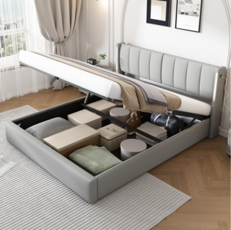 HAUSS SPOLE Polsterbett 180x200cm mit USB-Anschluss, LED, verstellbares Kopfteil PU, grau (180 x 200 cm Ohne Matratze LED-Polsterbett, Mit LED-Beleuchtung, mit Stauraum, verstellbares Kopfteil), wiederaufladbarer USB-Anschluss im Bett