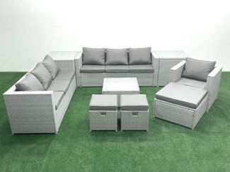 Fimous Polyrattan Sofa Gartenmöbel Set mit Sessel Quadratischer Couchtisch 3 Hockern 2 Beistelltischen Hellgrau gemischt