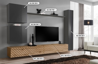 Wohnwand Switch Lamel, Korpus: Graphit, Wotan / Front: Graphit hochglanz PVC, Wotan PVC (gerillt)