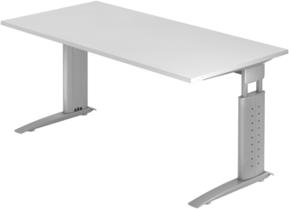 bümö höhenverstellbarer Schreibtisch U-Serie 160x80 weiß, Gestell in Silber - PC Tisch für's Büro manuell höhenverstellbar, Computertisch verstellbar, US-16-W-S