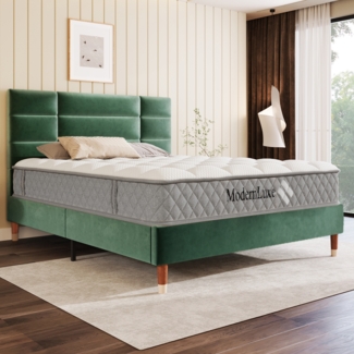 Polsterbett 140x200 cm mit gepolstertem Kopfteil, Samt Grün, Metallrahmen, stabil,inklusive Matratze