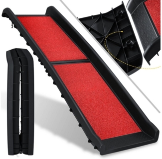 KESSER® Hunderampe Hundetreppe Hundeautorampe Auto klappbar Kofferraumrampe für Haustiere Einstiegshilfe für Kofferraum, bis 90 kg, 156x40cm, leicht Stabil, rutschfest Hunde-Treppe , Schwarz Rot