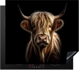 MuchoWow Herd-Abdeckplatte Tiere - Schottischer Highlander - Kuh - Porträt - Schwarz, Vinyl, (1 tlg), Küche Herdabdeckplatte Ceranfeld Vinyl Einteilig, 59x52 cm