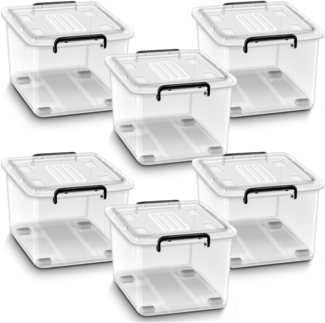 tillvex® Aufbewahrungsboxen mit Deckel 6er Set - 27L, lebensmittelecht | Kunststoff Boxen Set stapelbar | Aufbewahrung Ordnungssystem Box groß | Aufbewahrungsbox Kleiderboxen transparent 100% Neumaterial
