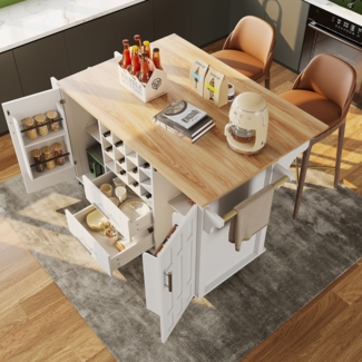 Kücheninsel 140x40-65x94,5 cm, Küchenwagen mit klappbarer Holzoptik-Arbeitsplatte und 2 Schubladen