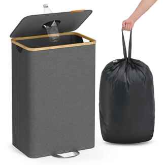 SONGMICS Pfandflaschen-Sammelbehälter, 95 L Pfandflaschen-Behälter, Flaschensammler Leergut, Recycling-Behälter, mit Loch, Deckel, Innensack mit Griffen, Küche, schiefergrau-naturbeige RRBDE509G01