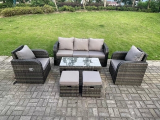 Fimous 7 Seat PE Rattan Gartenmöbel Set Einstellbarer Stuhl Lounge Sofa Set Oblong Couchtisch Hocker Dunkelgrau gemischt
