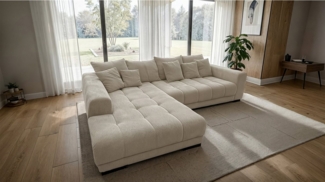 Massivart® Ecksofa Cord Grau / beige / 300×215 cm / Cordsofa / ARTEMIS, Nosagfederung · frei im Raum stellbar · inkl. Kissen-Set