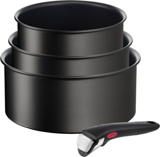 Tefal Topf-Set Ingenio Unlimited L76391, Aluminium (Set, 4-tlg, mit Kasserollen 16/18/20 cm, 1x abnehmbarer Griff), stapelbar, platzsparend, Titanium 6x Antihaftversiegelung