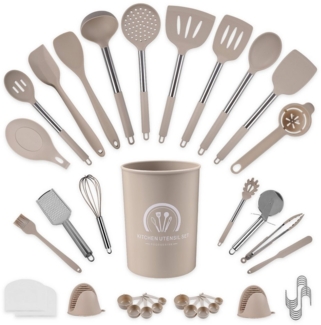 ElitVita Kochbesteck-Set 45 Silikon Küchenhelfer, Edelstahl Griff, mit Spatel Suppenkelle (45-tlg, Spatel, Suppenlöffel, Bratspatel, Puderkralle, Lebensmittelklammer), Mit Schneebesen Bratspatel Utensilienhalter Aufhängeschlaufe