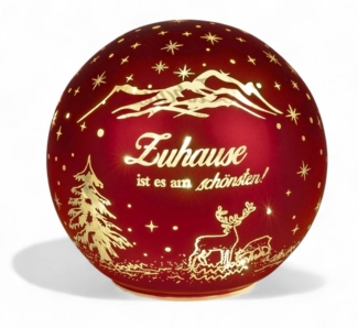 formano LED Deko-Kugel 12cm Rot mit Spruch Zuhause ist es am Schönsten Glaskugel aus mattem Farbglas und goldener Innenfarbe - Herbst Winter Weihnachtsdeko für Tisch Regal Fensterbank