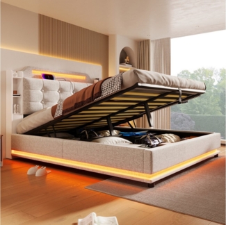 HAUSS SPOLE Polsterbett 140x200 cm mit LED-Lichtleiste, mehrere Ablagefächer, USB,Type-C (mit LED-Lichtleiste, Hydraulischem Stauraum, USB+Type-C Ladeanschlüssen, Mehreren Ablagefächern, 140x200 cm), ohne Matratze