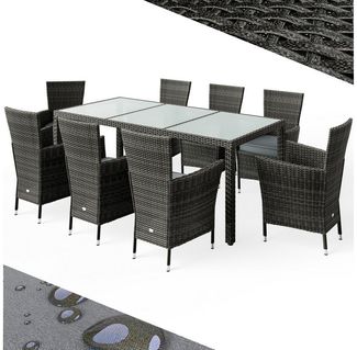 Casaria Garten-Essgruppe, (9-tlg), Polyrattan 8 Stühle Stapelbar 190x90cm Gartentisch Glas Wetterfest