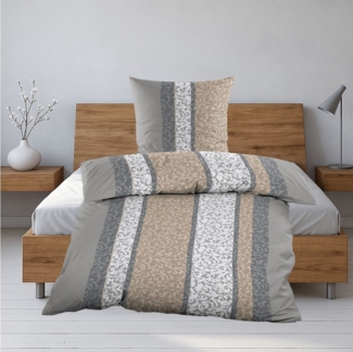Casa Colori Bettwäsche Biber 135x200cm Grau Beige gestreift Schnörkelmuster, Biber, 4 teilig, 100% Baumwolle