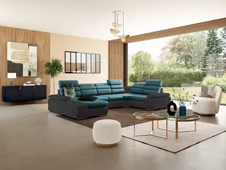 Wohnlandschaft mit Schlaffunktion BOILEAU - Ecke Links - Türkis & Anthrazit