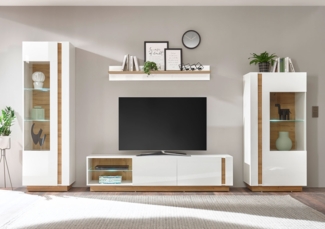 Clair Wohnwand Anbauwand 4-teilig weiß glanz grandson oak Wohnzimmer grifflos