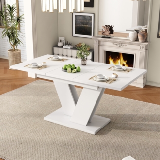 Merax Ausziehbarer Esstisch 120/160*80 cm, geeignet für 4-6 Personen, rechteckiger Esstisch, verdickte Tischplatte, V-förmige Beine, ausziehbarer Esstisch, weiß