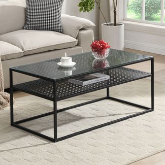 FINEBUY Couchtisch FB72741 Wohnzimmertisch Glas Rechteckig 100 cm Metall Ablage Modern (Sofatisch Glas Rechteckig 100 cm Schwarz Ablage), Wohnzimmertisch Industrial, Metallgestell Modern