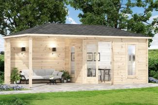 Alpholz 5-Eck Gartenhaus Liwa Gartenhaus aus Holz Holzhaus mit 28 mm Wandstärke inklusive Terrasse Blockbohlenhaus mit Montagematerial Holzhaus mit Boden und Dacheindeckung