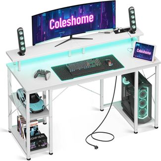 Gaming Tisch LED-Beleuchtung Steckdosen USB-Anschlüssen Stauraum Weiß 120x50cm
