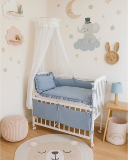 3in1 Beistellbett mit Musselin-Bettwäsche – Jeansblau