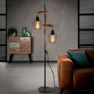 ZMH Vintage Stehlampe Wohnzimmer 2 flammige Holz Retro Standleuchte im Industrial Design aus Metall und Holz - inkl. Schalter - Schwarz - Fassung: E27 - Höhe: 151cm - ohne Leuchtmittel