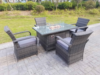 Fimous Rattan Gartenmöbel Gas Feuer Grube Rechteck Runde Esstisch Und Esszimmer Stühle 4 Sitzer für Rechteckige Tabelle