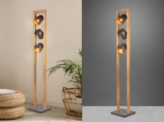 TRIO Leuchten Stehlampe Bell, Leuchtmittel wechselbar, ohne Leuchtmittel, Warmweiß, 3-flammig mit Schirmen in Glocken-Optik, Holz-Nickel-Antik Kombination