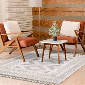 Teppich Wohnzimmer - Vintage - 120x170cm - Creme Grau - Fransen Deko Boho Flauschig - Cut & Loop Sisal - Schlafzimmer Flur Dekoration Läufer - Orientalischer Stil