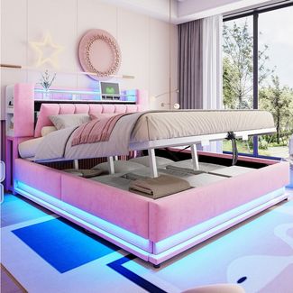 Flieks Polsterbett, Hydraulisches Stauraumbett Kinderbett 180x200cm mit LED und Aufladen